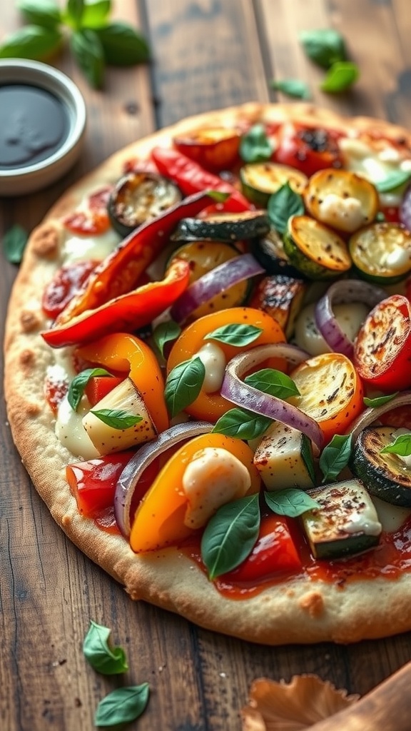 Delicious Roasted Vegetable Flatbread Recipe Roasted vegetable flatbread topped with bell peppers, zucchini, and cheese on a wooden table with basil and balsamic glaze.